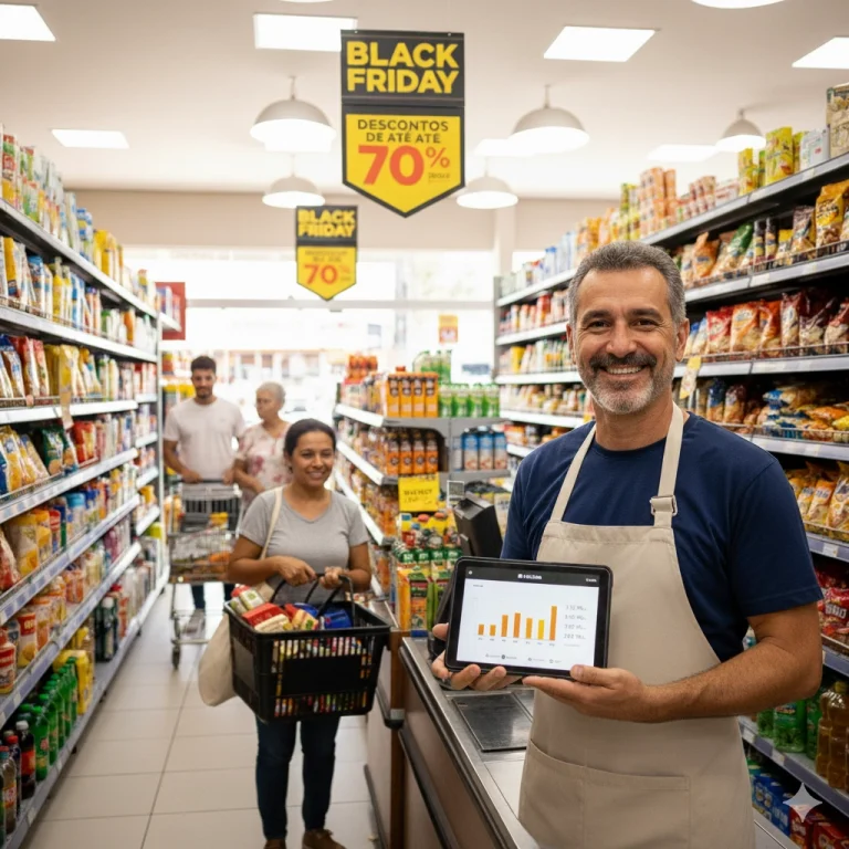 Homem sorridente de camiseta azul e avental bege segura um tablet que exibe um gráfico de barras coloridas. Ele está no corredor de um supermercado, e acima dele há cartazes amarelos com a inscrição Black Friday e descontos de até 70%