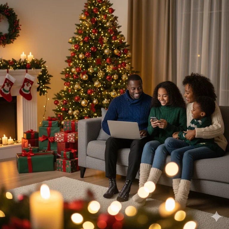 Família de quatro pessoas sorrindo sentada em um sofá cinza. O pai segura um notebook no colo e a filha observa um celular. Ao fundo, há uma sala decorada com meias na lareira, presentes empilhados e uma árvore de Natal iluminada.