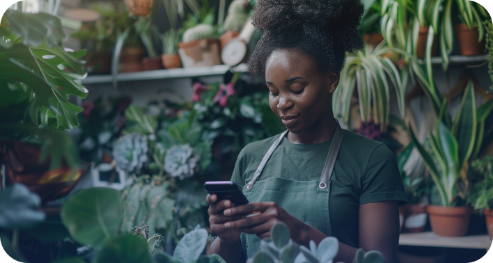 Mulher negra com cabelo preso, vestindo camiseta e avental verde-escuro, olhando atenta para um celular em suas mãos. Ela está em uma floricultura, cercada por diversas plantas e vasos.