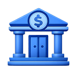 Ícone 3D azul da fachada de um prédio de banco com colunas clássicas e um símbolo de cifrão no topo.