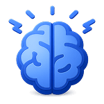 Ícone 3D azul de um cérebro com pequenos raios azuis ao redor, simbolizando ideias ou inteligência.