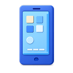 Ícone 3D azul de um smartphone com pequenos blocos coloridos na tela simulando aplicativos.