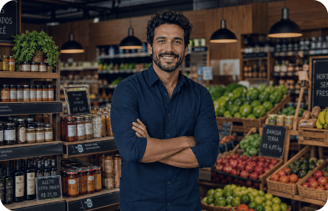 Homem sorridente com barba, vestindo camisa social azul escura com as mangas dobradas e de braços cruzados. Ele está posando no corredor de um mercado, com prateleiras de madeira repletas de produtos e hortifruti ao fundo.