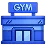 Ícone 3D azul da fachada de um prédio comercial com o letreiro GYM no topo