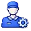 Ícone 3D azul do busto de um trabalhador usando boné, com o símbolo de uma pequena engrenagem sobreposto ao ombro.
