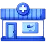Ícone 3D azul da fachada de uma pequena loja ou clínica, com o símbolo de uma cruz médica no topo.