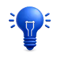 Ícone 3D de uma lâmpada azul acesa com pequenos traços ao redor simbolizando luz ou ideias