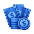 Ícone 3D azul de um conjunto de notas de papel atrás de uma pilha de moedas, todas estampadas com o símbolo de cifrão.