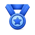 Ícone 3D de uma medalha azul com fita superior e uma estrela desenhada no centro.