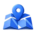 Ícone 3D azul de um mapa aberto com um pino de localização no centro