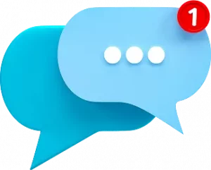 Ícone 3D de dois balões de bate-papo sobrepostos. O balão da frente é azul claro com três pontos brancos, e o de trás é azul escuro. Há um círculo vermelho de notificação com o número 1 no canto superior direito.