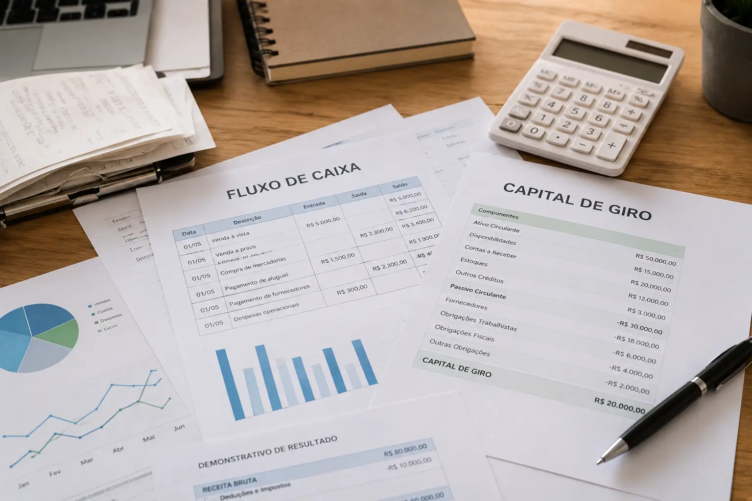 Documentos de Fluxo de Caixa e Capital de Giro dispostos sobre mesa, as duas ferramentas essenciais da gestão financeira do comércio. Ao fundo, gráficos de desempenho, calculadora e notas fiscais.