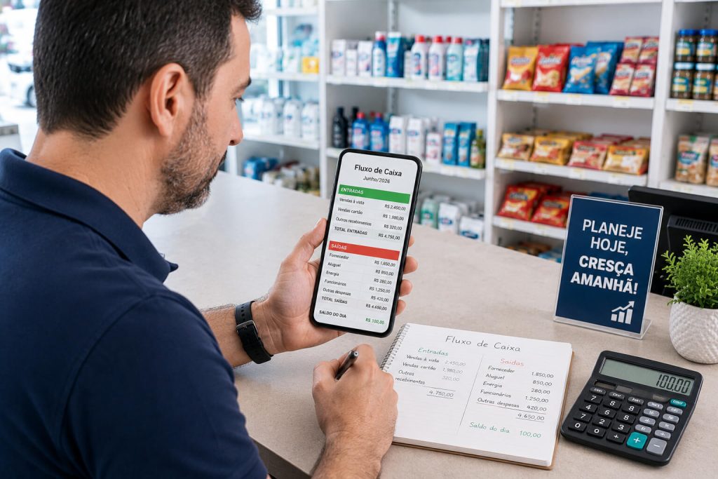Dono de comércio anotando entradas e saídas em planilha simples no celular — fluxo de caixa do varejo organizado.